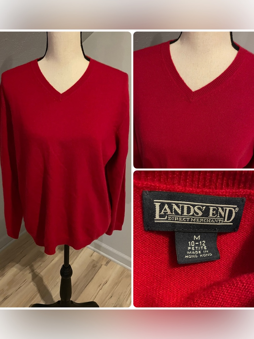 Vntg Lands’ End 100% Cashmere V-Neck Sweater Women’s Size M Petite 10-12 Red 90s